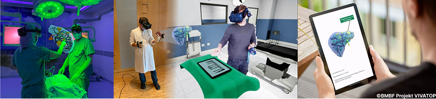 Collage of four pictures, all showing people using VR glasses or other technology in telemedicine